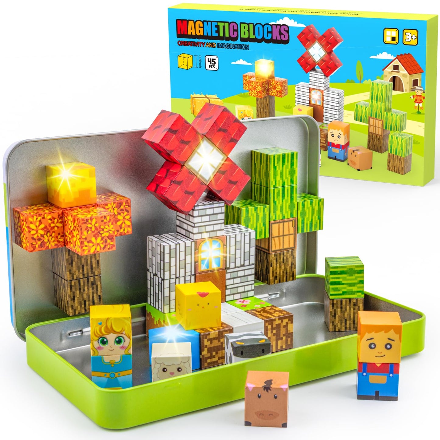 Aywewii Magnetic Blocks 45 PCS – Portable STEM Travel Toy for Kids 3-5 (Farm Edition 1)