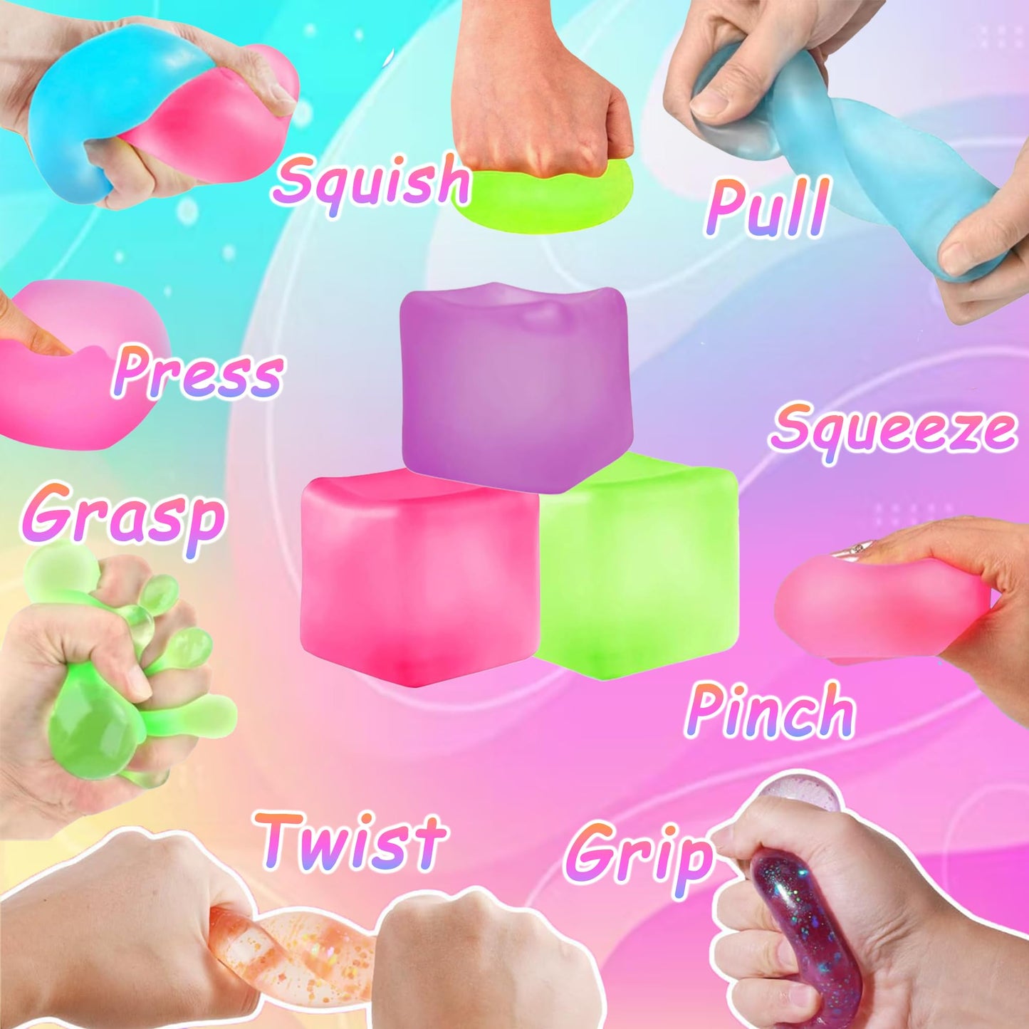Azurphoric 3Pcs Stress Cube Squishy Toys – Sensory Fidget Balls (Purple, Green, Pink)