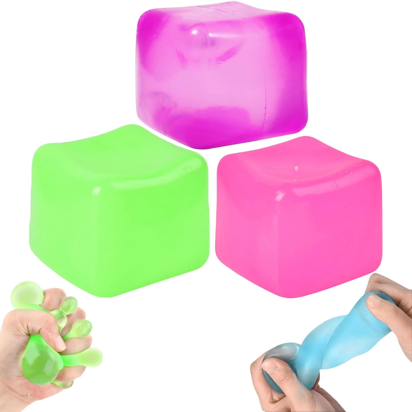 Azurphoric 3Pcs Stress Cube Squishy Toys – Sensory Fidget Balls (Purple, Green, Pink)