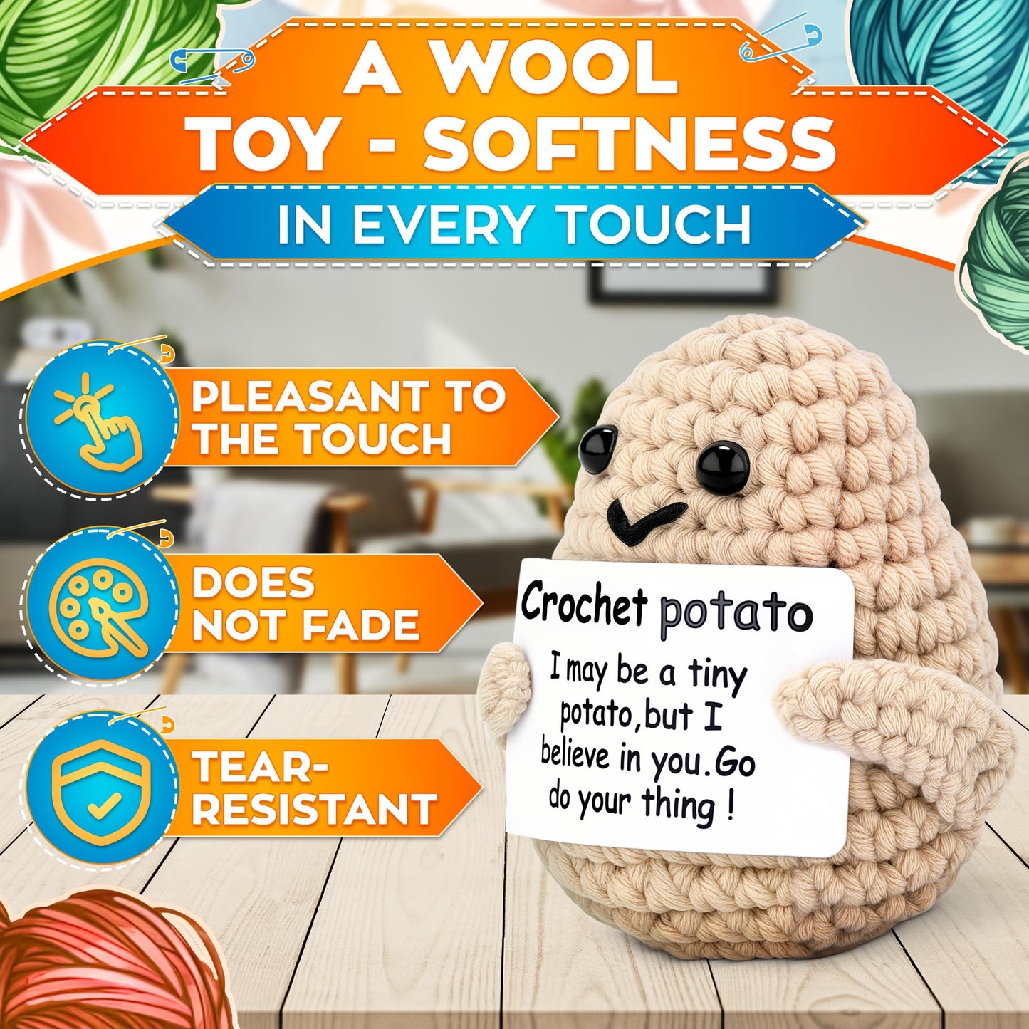 AZZORI Crochet Potato – Tiny Yarn Plush with Encouragement Card