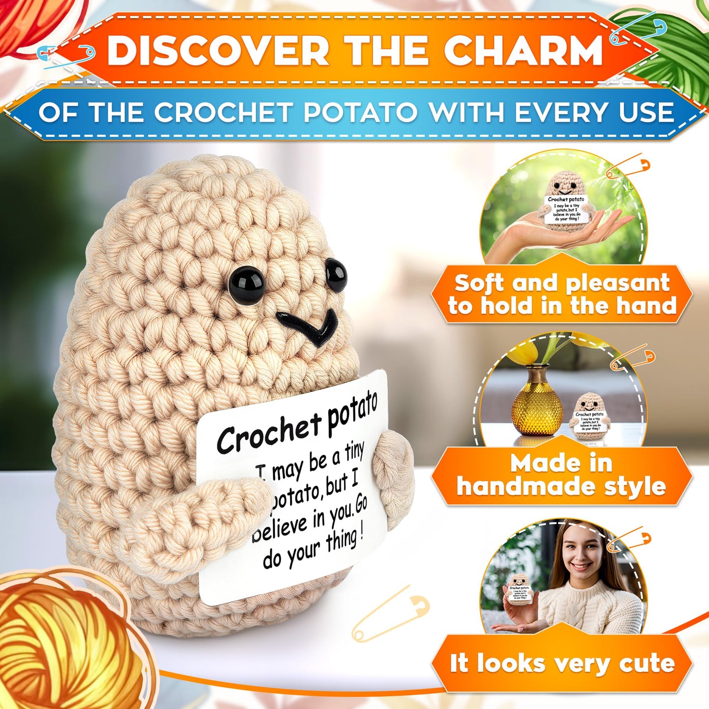 AZZORI Crochet Potato – Tiny Yarn Plush with Encouragement Card