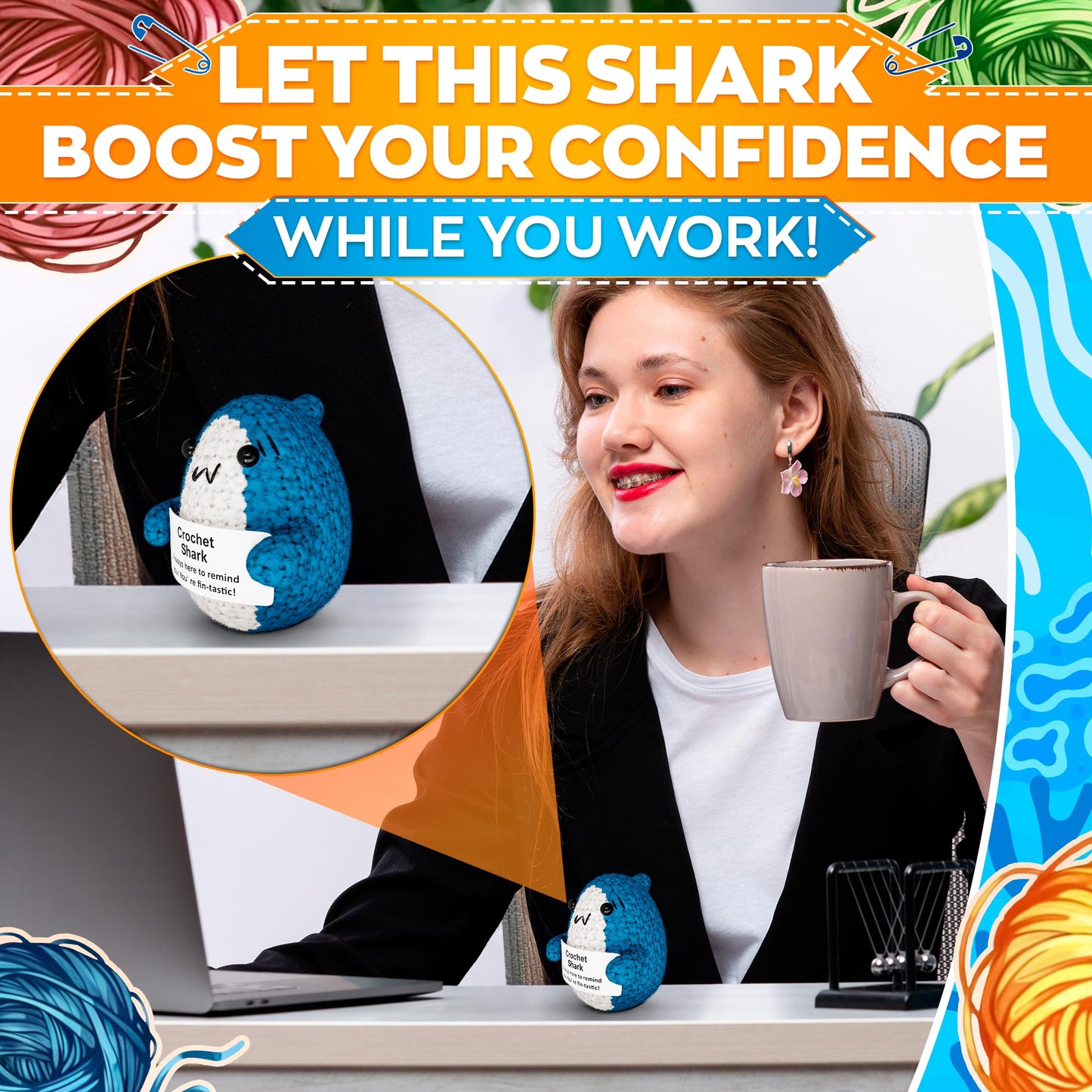 AZZORI Crochet Shark Plushie – 2.8-Inch Mini Shark with Message Card