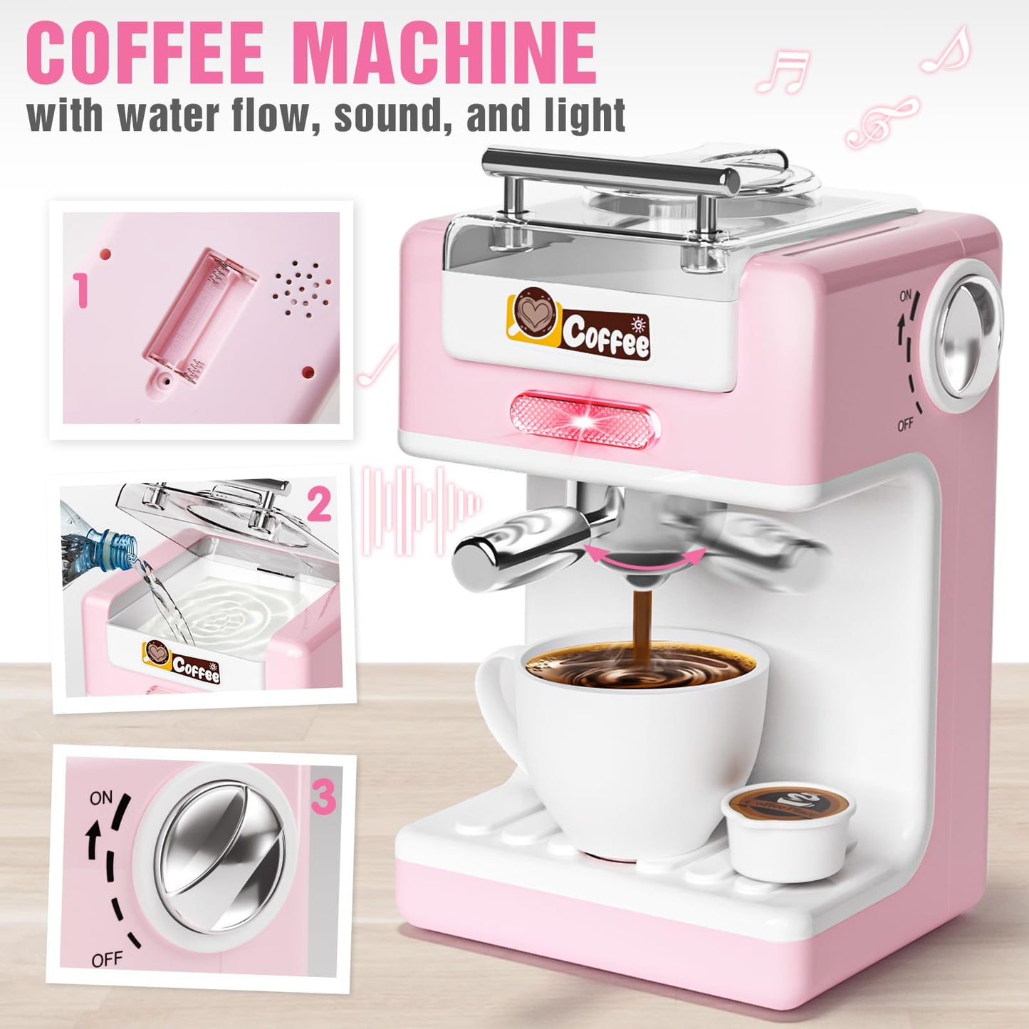 B Bascolor Kids Kitchen Toys Set - BPA-Free 7-Piece Pretend Play Appliances (Pink)