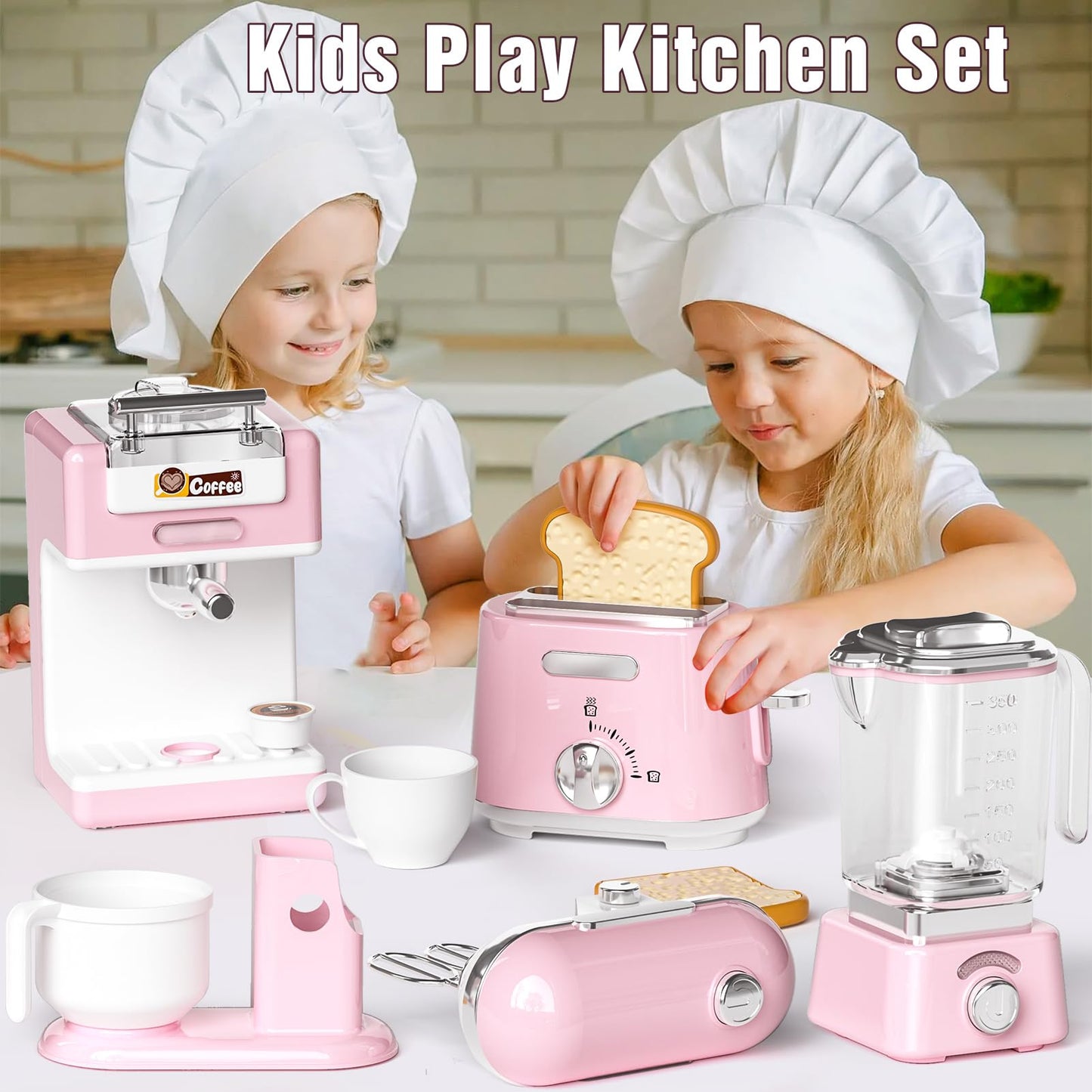 B Bascolor Kids Kitchen Toys Set - BPA-Free 7-Piece Pretend Play Appliances (Pink)