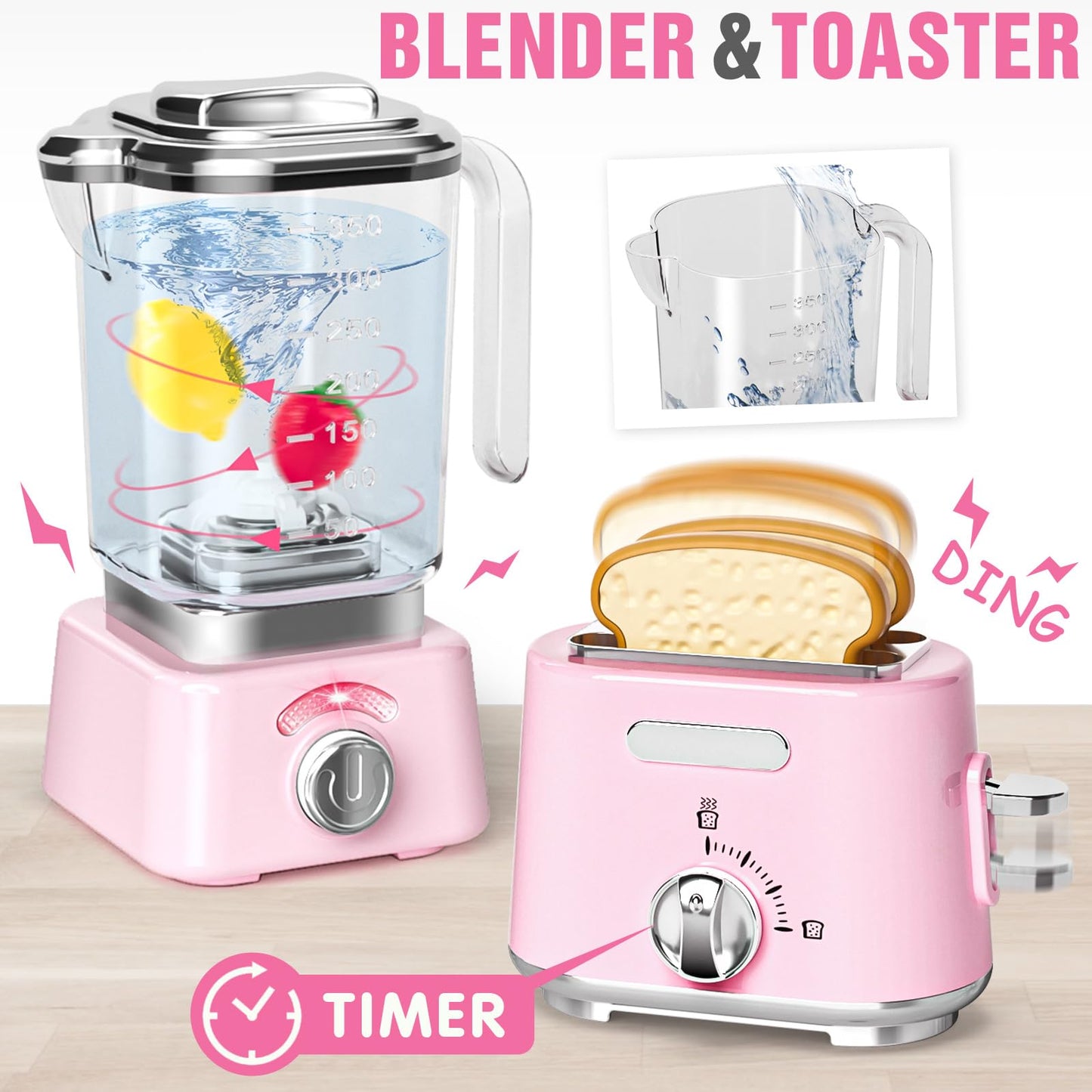 B Bascolor Kids Kitchen Toys Set - BPA-Free 7-Piece Pretend Play Appliances (Pink)