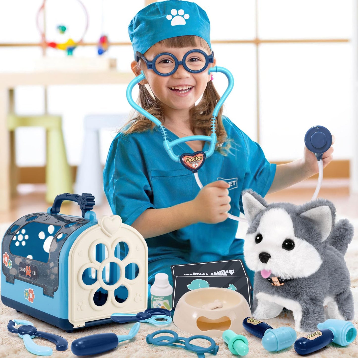 B Bascolor 22Pcs Dog Toys Vet Kit – Interactive Husky Doctor Playset for Kids