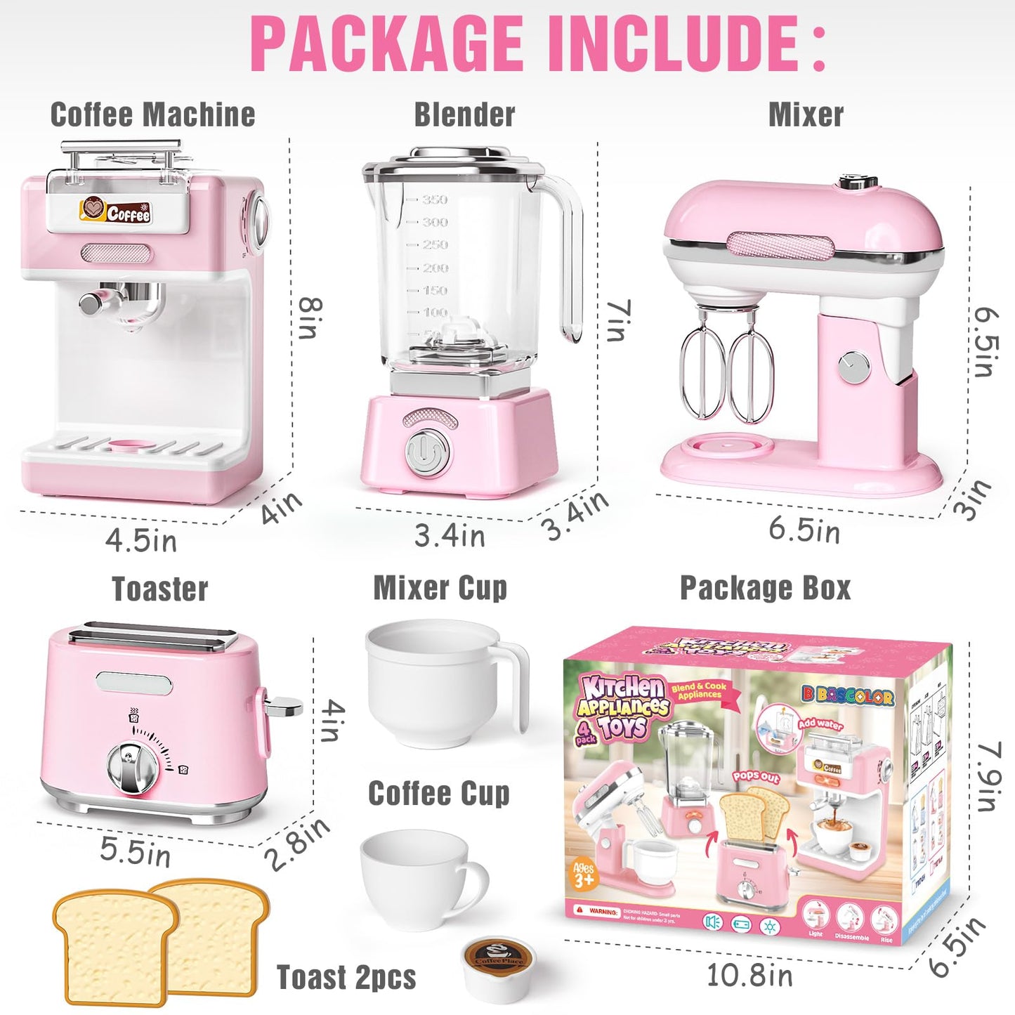 B Bascolor Kids Kitchen Toys Set - BPA-Free 7-Piece Pretend Play Appliances (Pink)