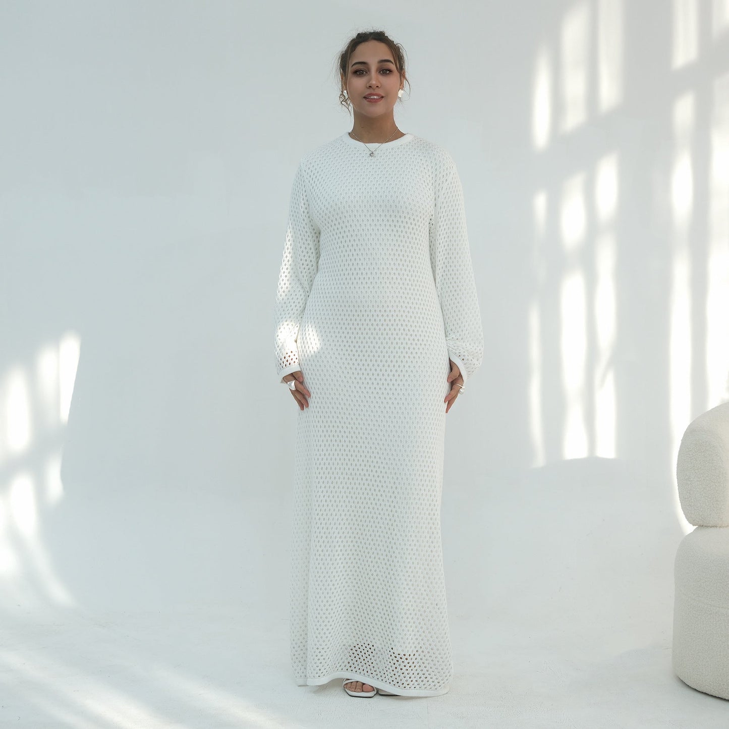 Elegant Hollow-Out Knit Dress - Modest A-Line Long Sleeve