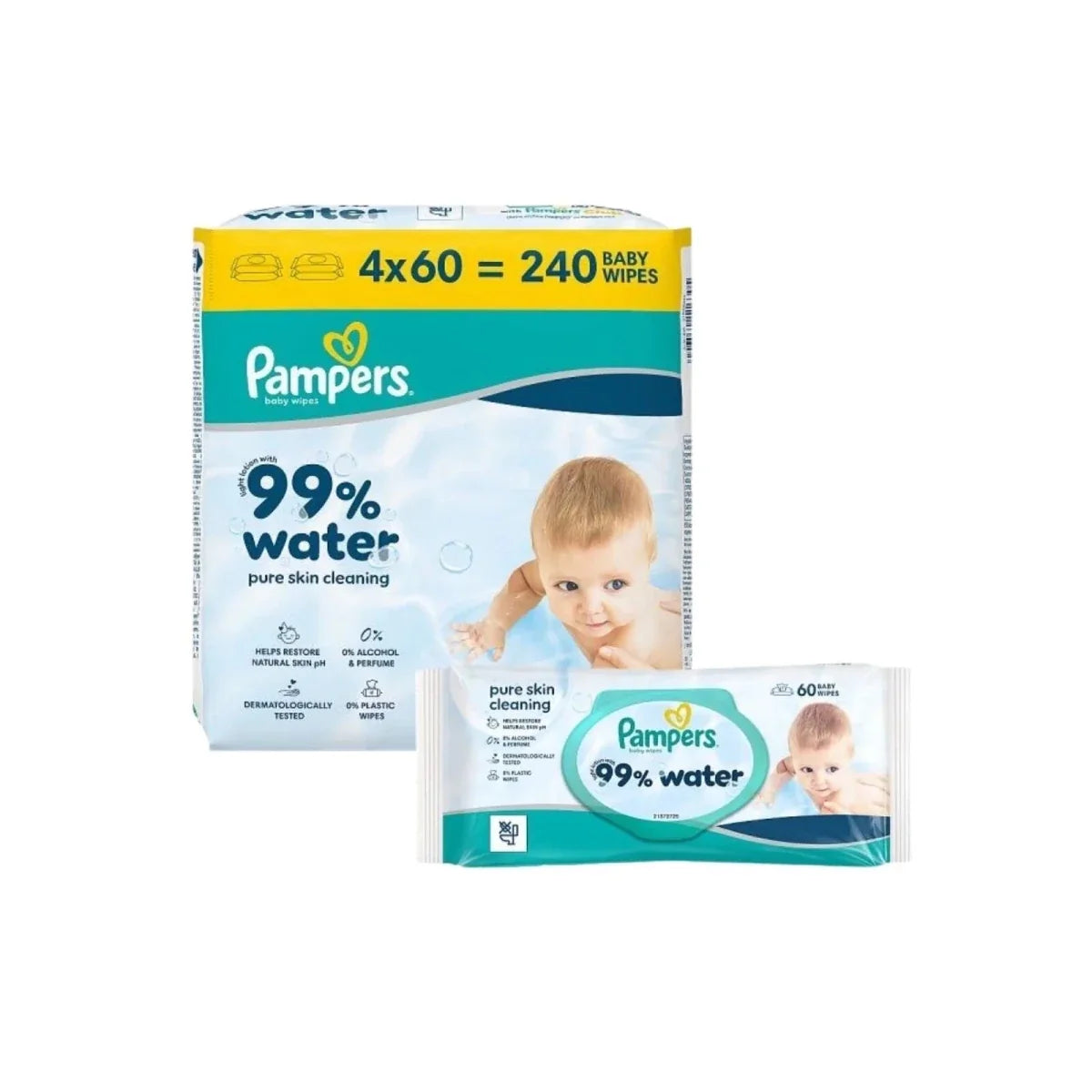 Pampers 99% Water Plastic Free Baby Wipes 4x60 pcs