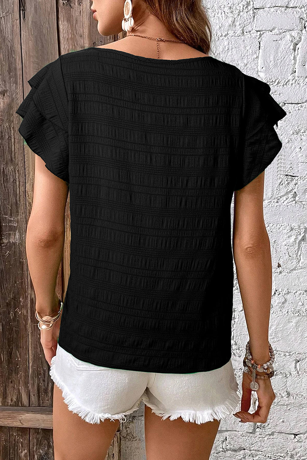 Dark Blue Textured Ruffled Sleeve Round Neck Top