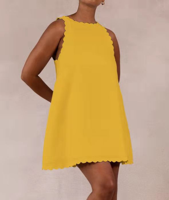 Cotton Hemp Solid Color Embroidered Ruffled Women's Dress