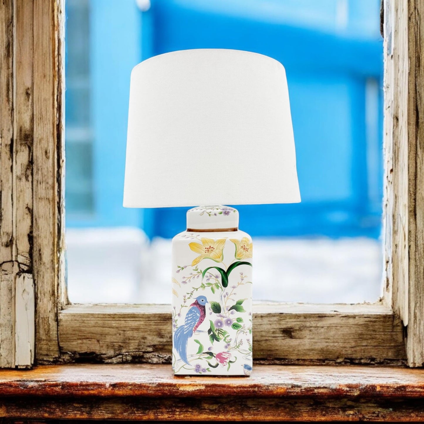 Modern Ceramic Table Lamp – Stylish Ceramic Lamp Available in Three Sizes, Ideal for Providing Soft, Ambient Lighting in Your Bedroom, Living Room, or Office (Floral & Bird Design with White Shade)