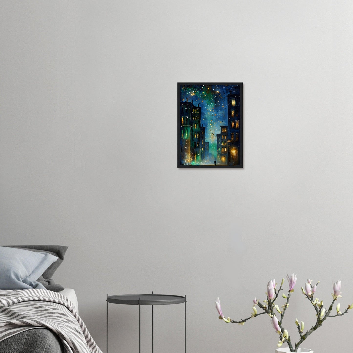 Surreal Urban Night Scene Poster - Vibrant Reflection - Black Framed Art Ready to Hang