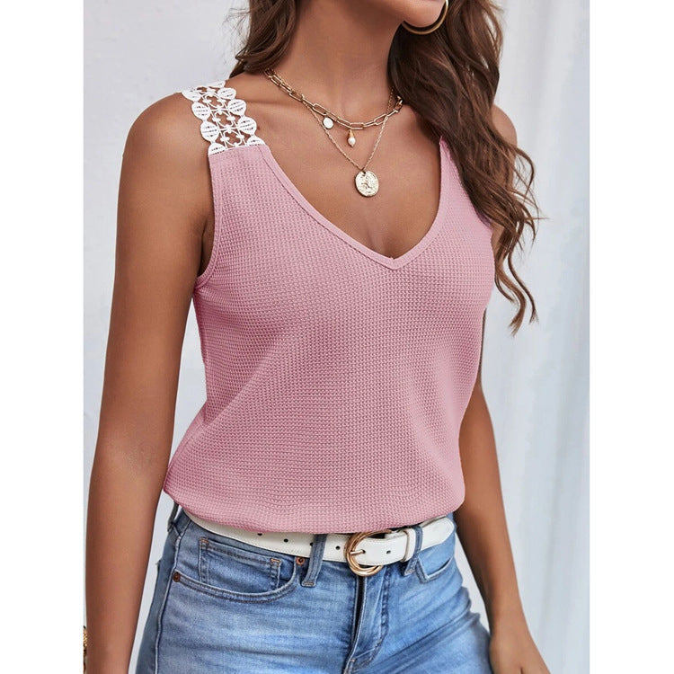 Women's Waffle Knit V-Neck Tank Top - Sleeveless Lace Trim Vest for Summer | Premium Casual Wear