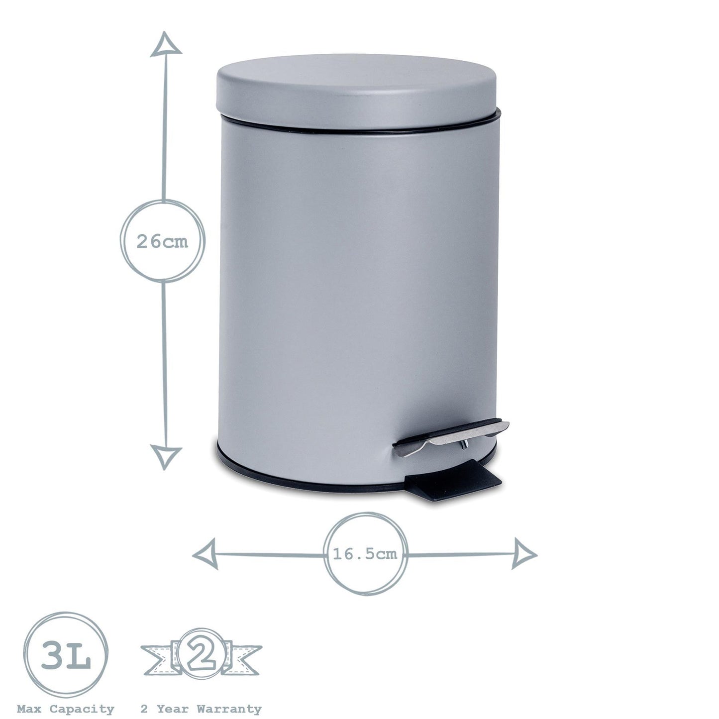3L Grey Round Stainless Steel Bathroom Pedal Bin