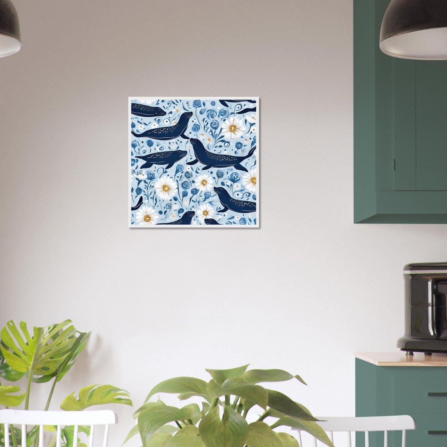 Whimsical Seal and Daisy Framed Wall Art – Coastal Nature Print, Ready to Hang