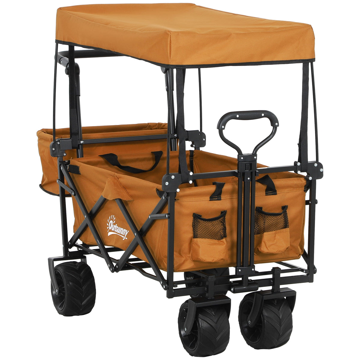 Outsunny Outdoor Push Pull Wagon Stroller Cart w/ Canopy Top Orange