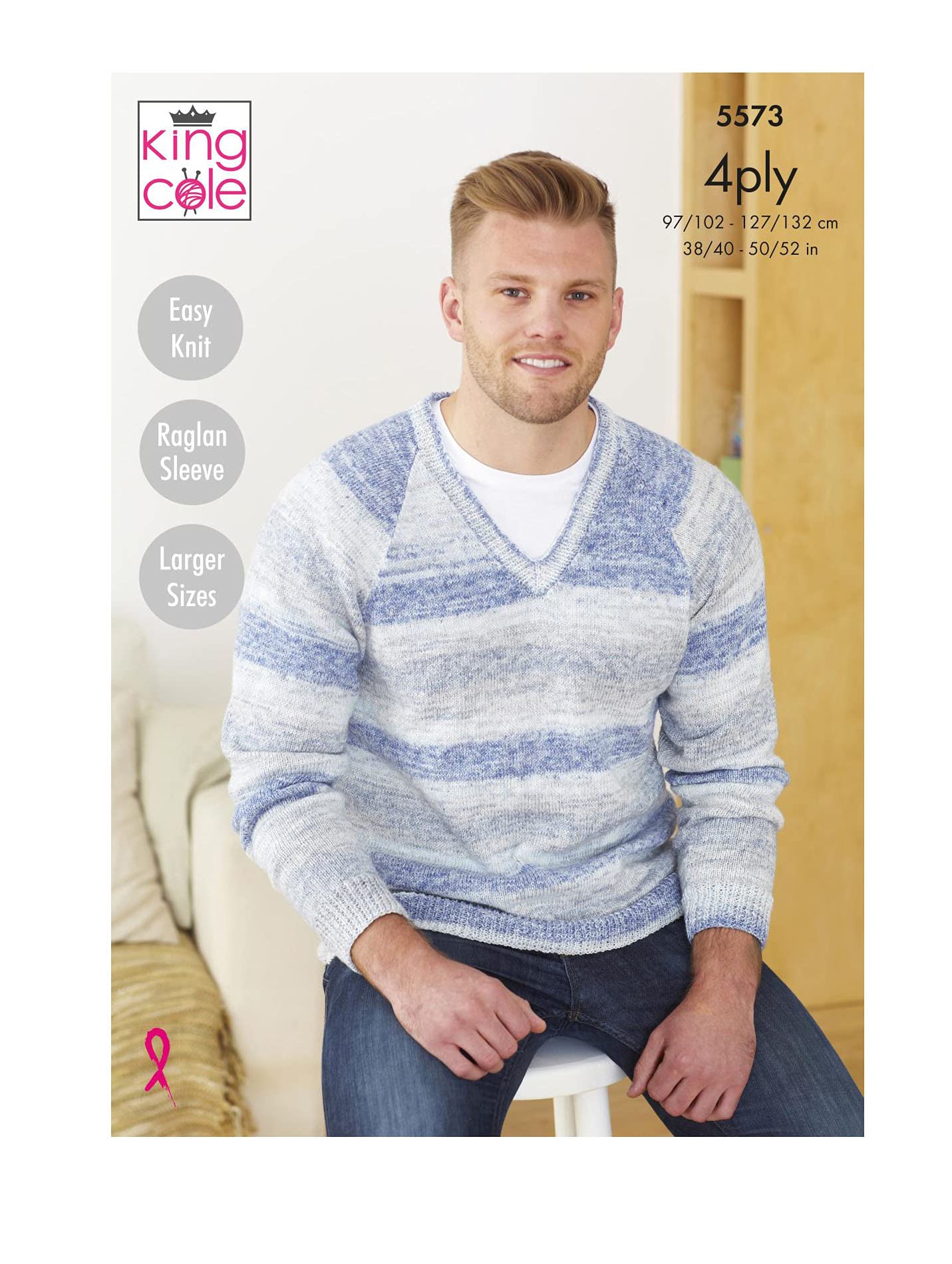 King Cole 5573 Knitting Pattern Easy Knit Raglan Sleeve Mens Sweaters in Drifter 4 Ply