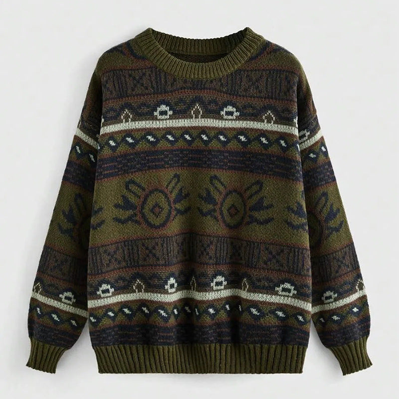 Women's Jacquard Color Block Pullover Sweater - Round Neck Knit