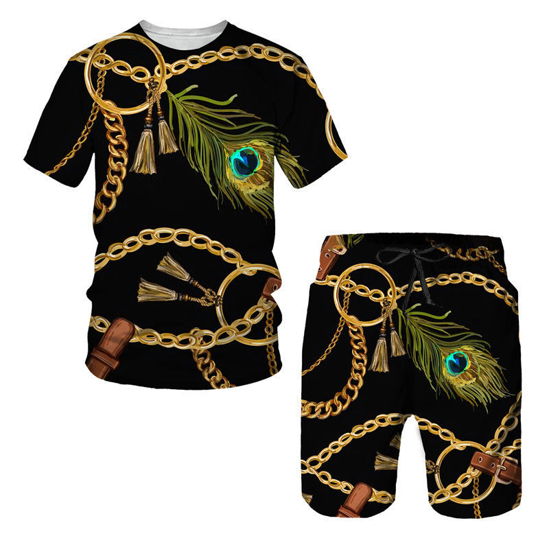 Men's Chain Pattern Digital Printed T-Shirt & Shorts, Two-Pieces Set