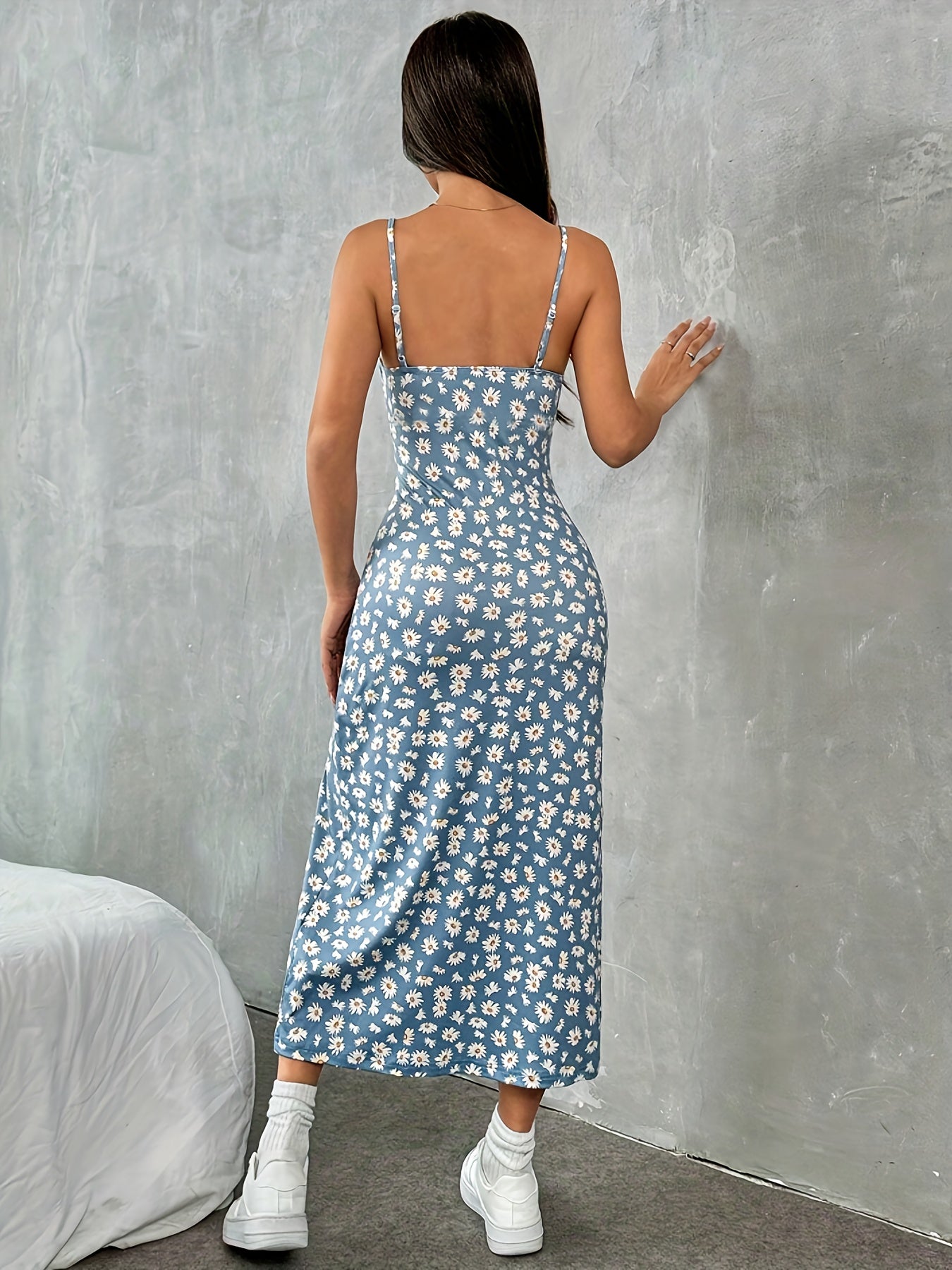 Elegant Floral Print Knit Slingback Collarless Polyester Dress for Women