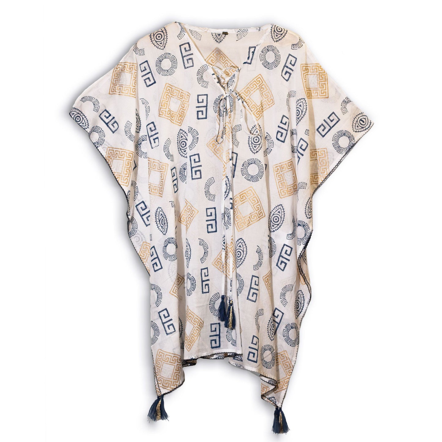 Nomad Sari On the Med Collection - Kaftan - Gold & Blue Greek Motiff - Handpainted