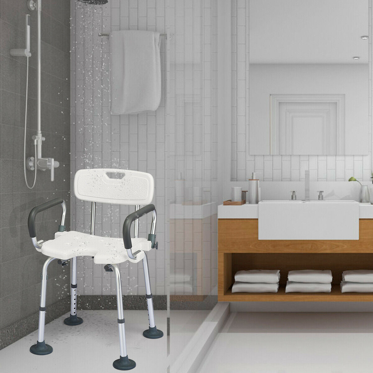 Shower Stool with Removable Arm and Back Rests-Black
