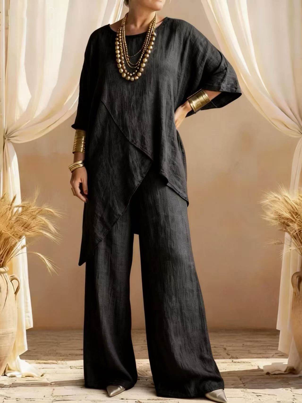 Womens Cotton-linen Crew-neck Loose Casual Two-pieces Set