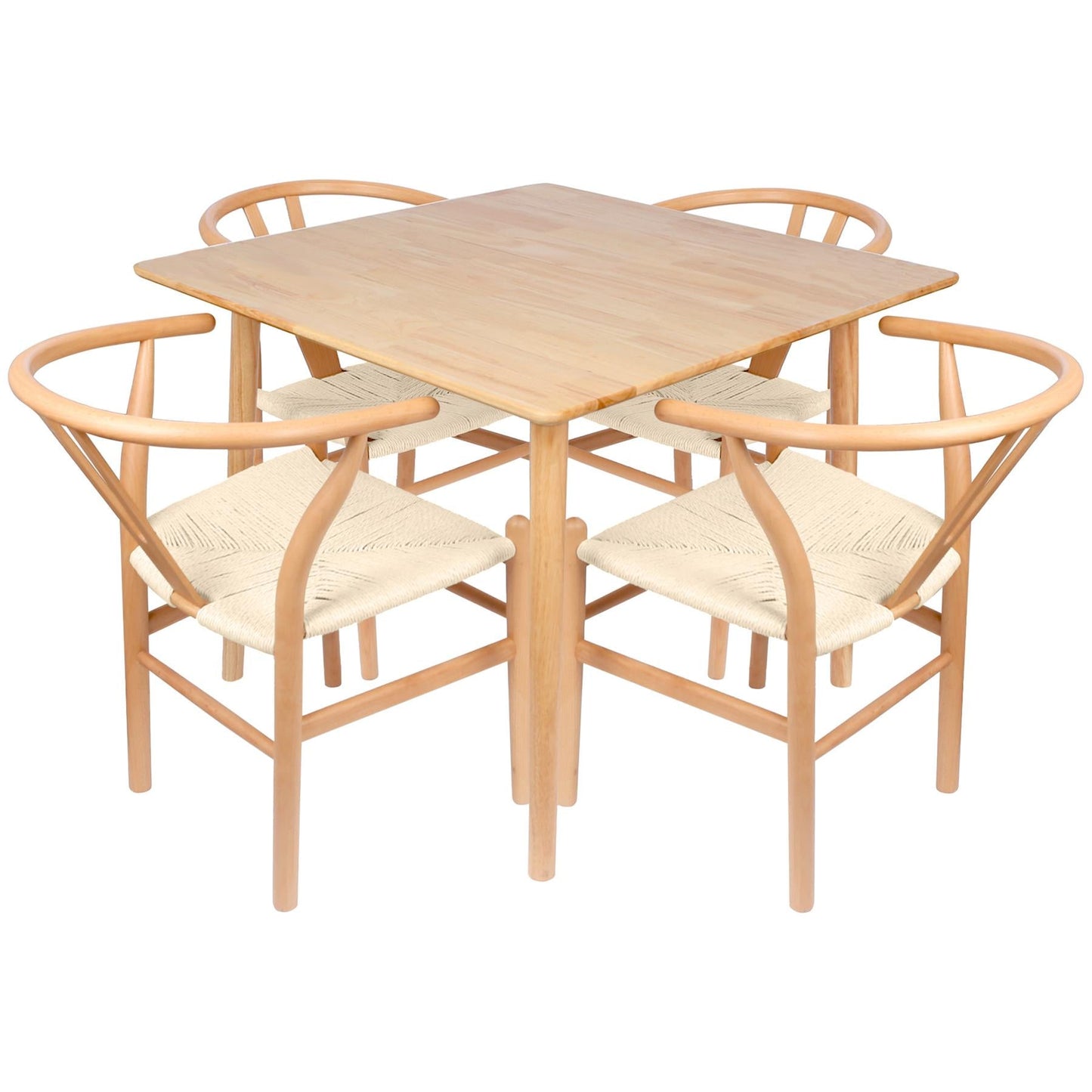 5pc 90cm Square Beige Wooden Table & Beige Wishbone Chair Dining Set