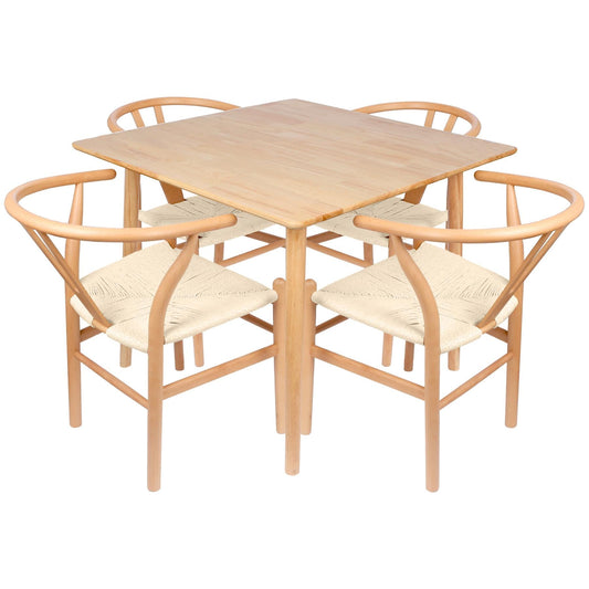 5pc 90cm Square Beige Wooden Table & Beige Wishbone Chair Dining Set