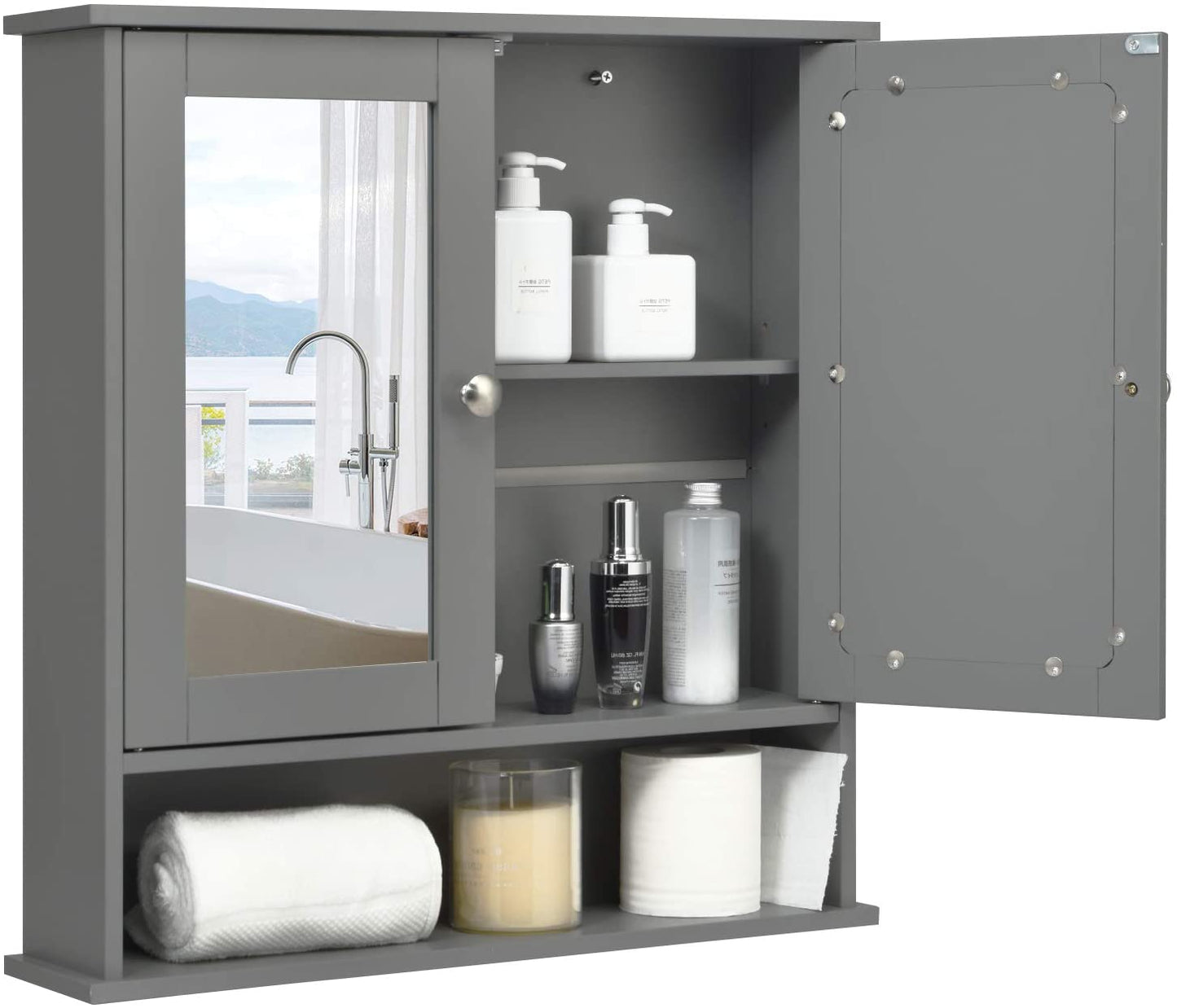 Wooden Hanging Medicine Organizer with Mirror and Adjustable Shelf-Black