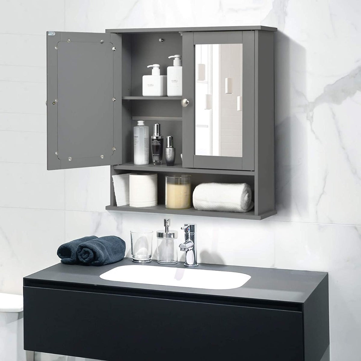 Wooden Hanging Medicine Organizer with Mirror and Adjustable Shelf-Black
