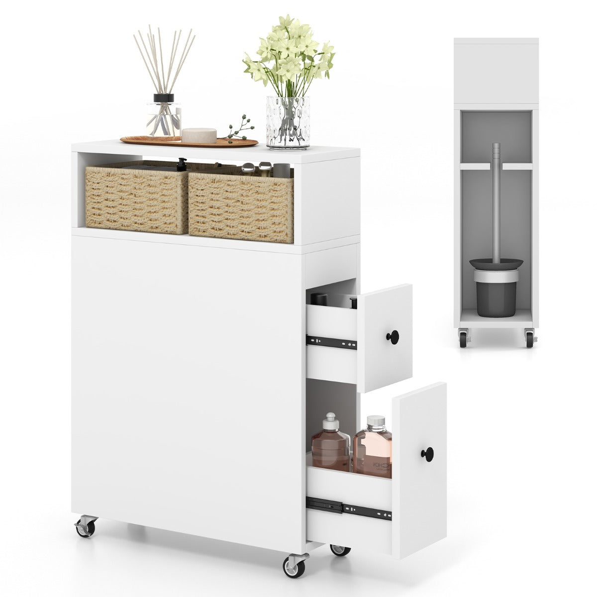 Slim Bathroom Storage Cabinet Movable with 2 Drawers and Baskets-White
