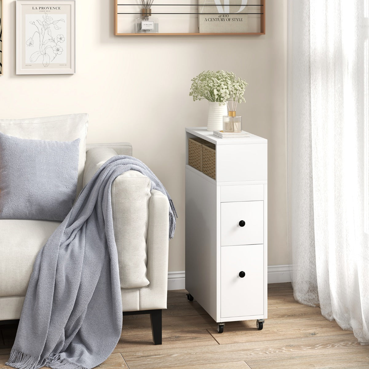 Slim Bathroom Storage Cabinet Movable with 2 Drawers and Baskets-White