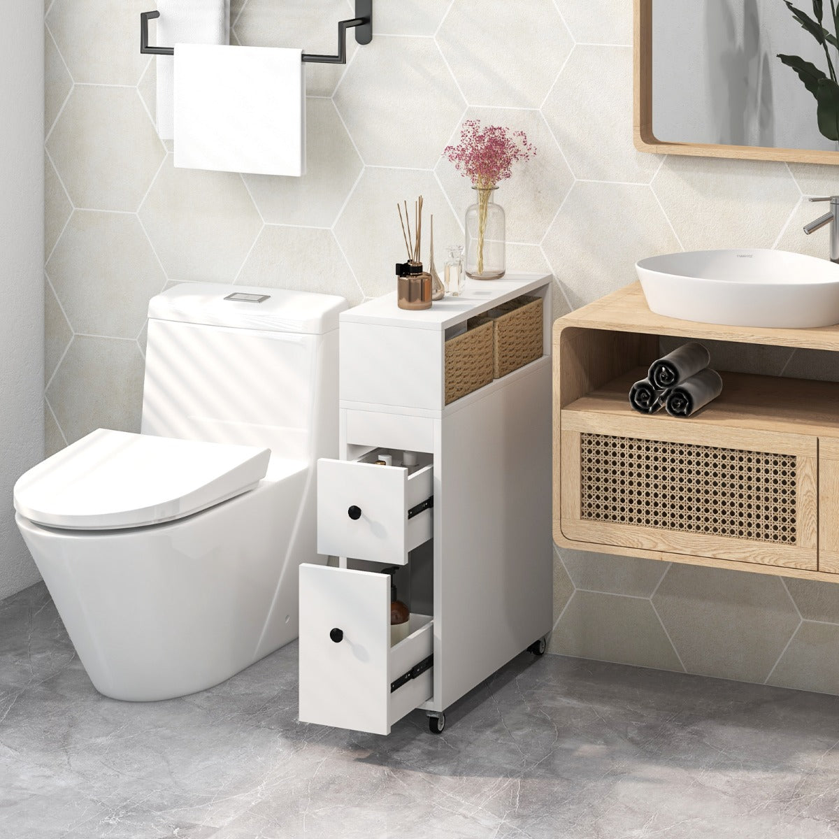 Slim Bathroom Storage Cabinet Movable with 2 Drawers and Baskets-White