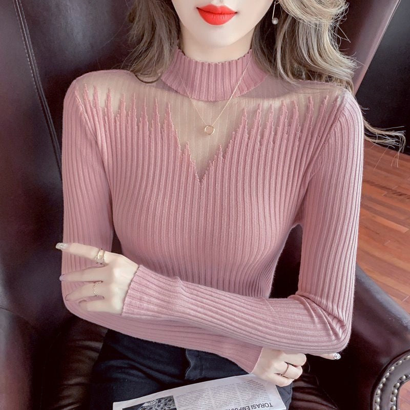 MeshPanel HalfHigh Neck Knitted Base Sweater For Women SlimFit Innerwear Stylish Top