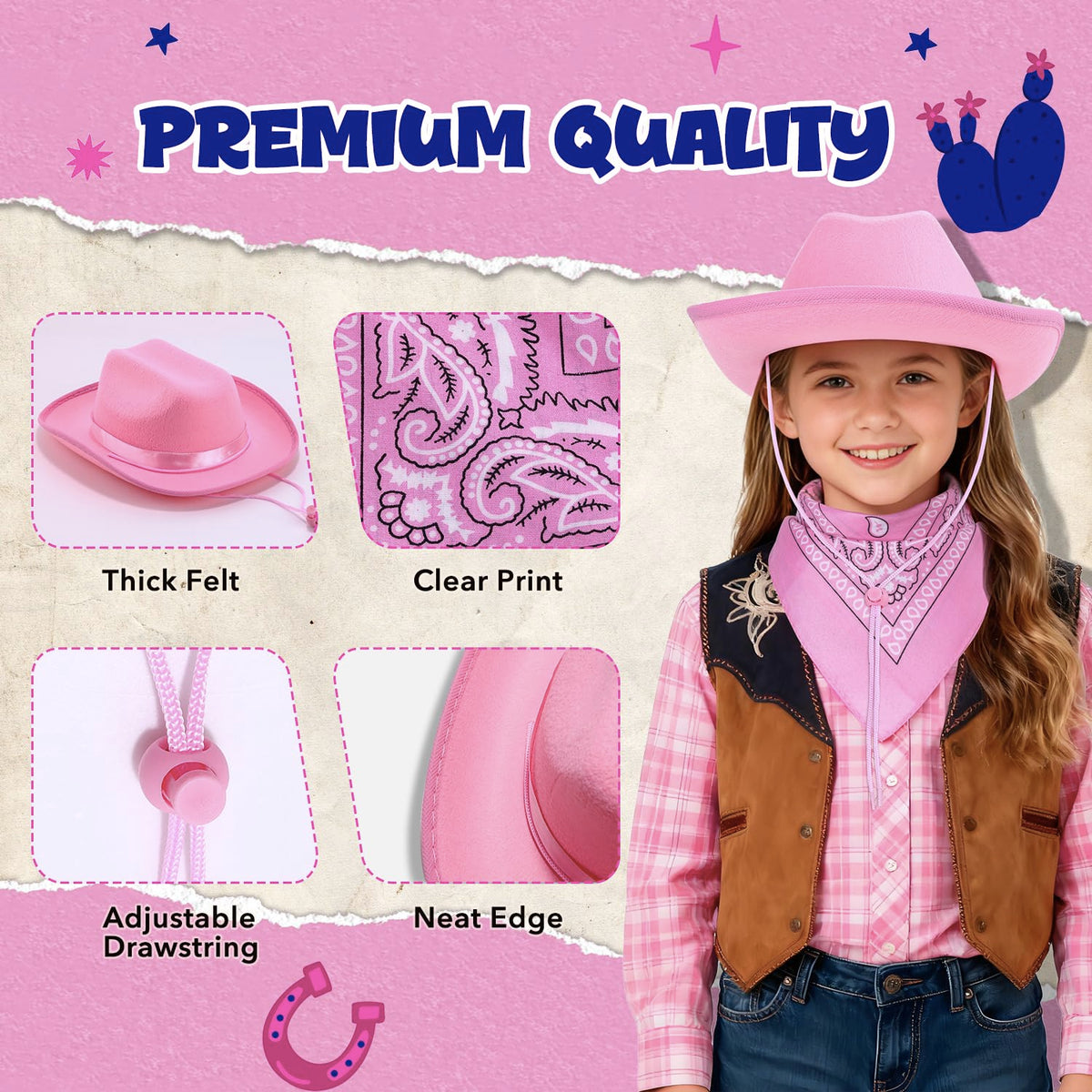 Babelshar Toddler Cowboy Hat & Bandana – Pink Felt Western Set for 3–8 Kids