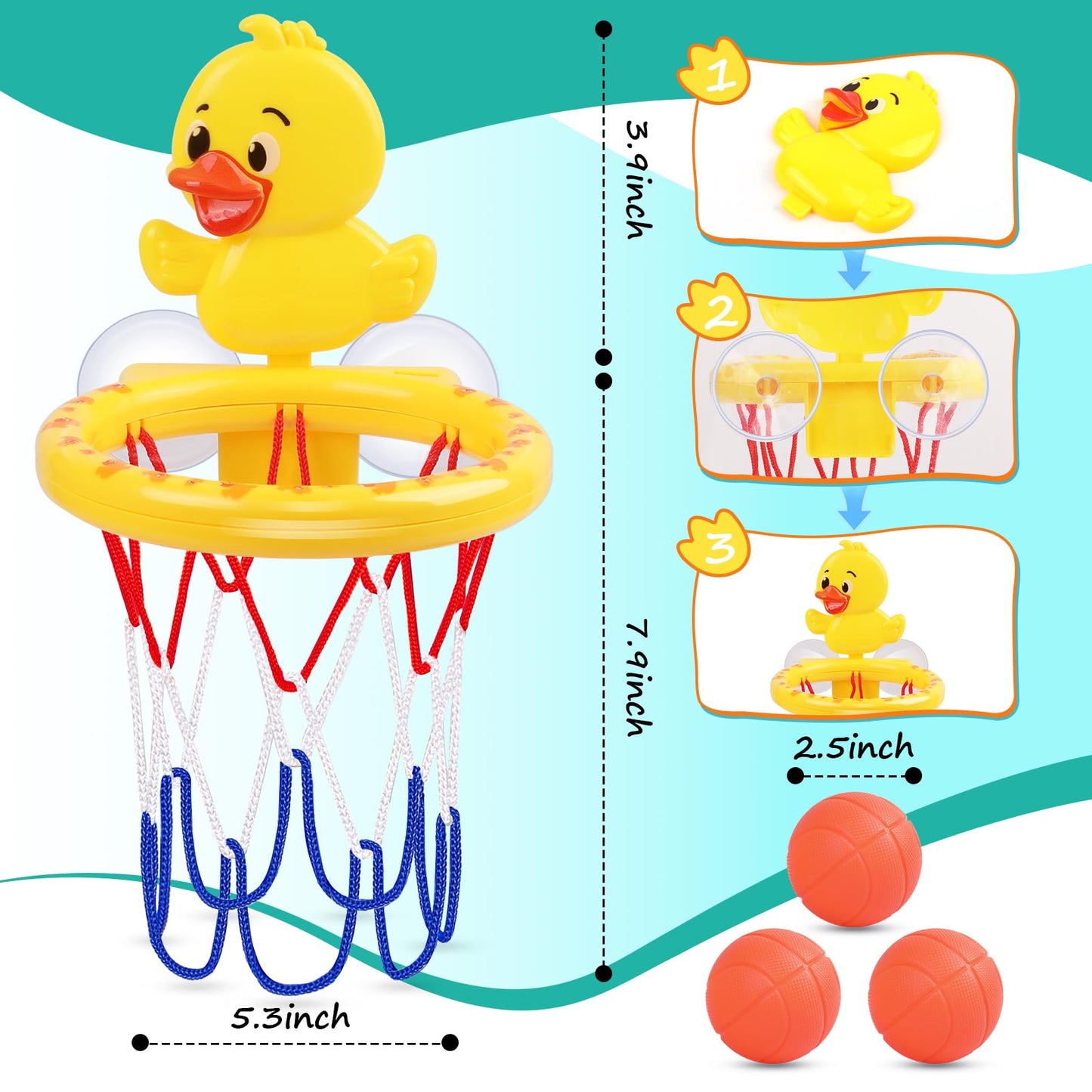 Babelshar Bath Basketball Hoop with Yellow Duck Backboard and 3 Soft Balls