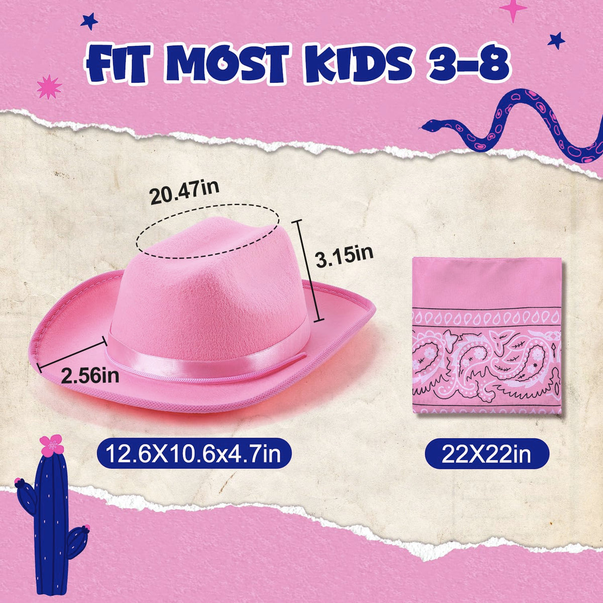 Babelshar Toddler Cowboy Hat & Bandana – Pink Felt Western Set for 3–8 Kids