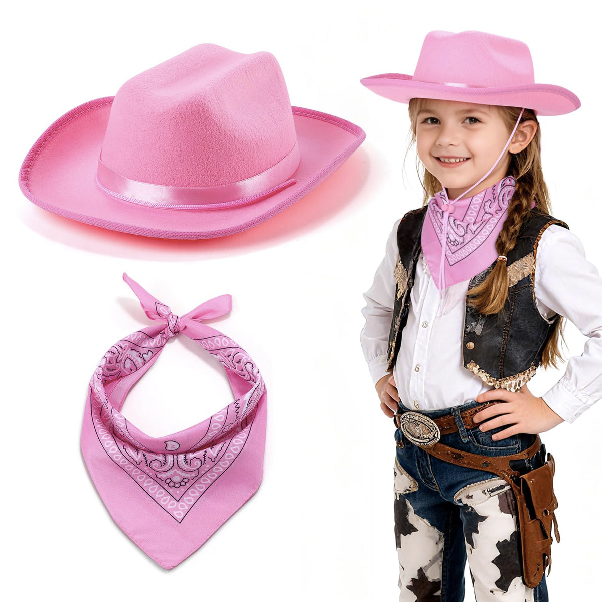 Babelshar Toddler Cowboy Hat & Bandana – Pink Felt Western Set for 3–8 Kids