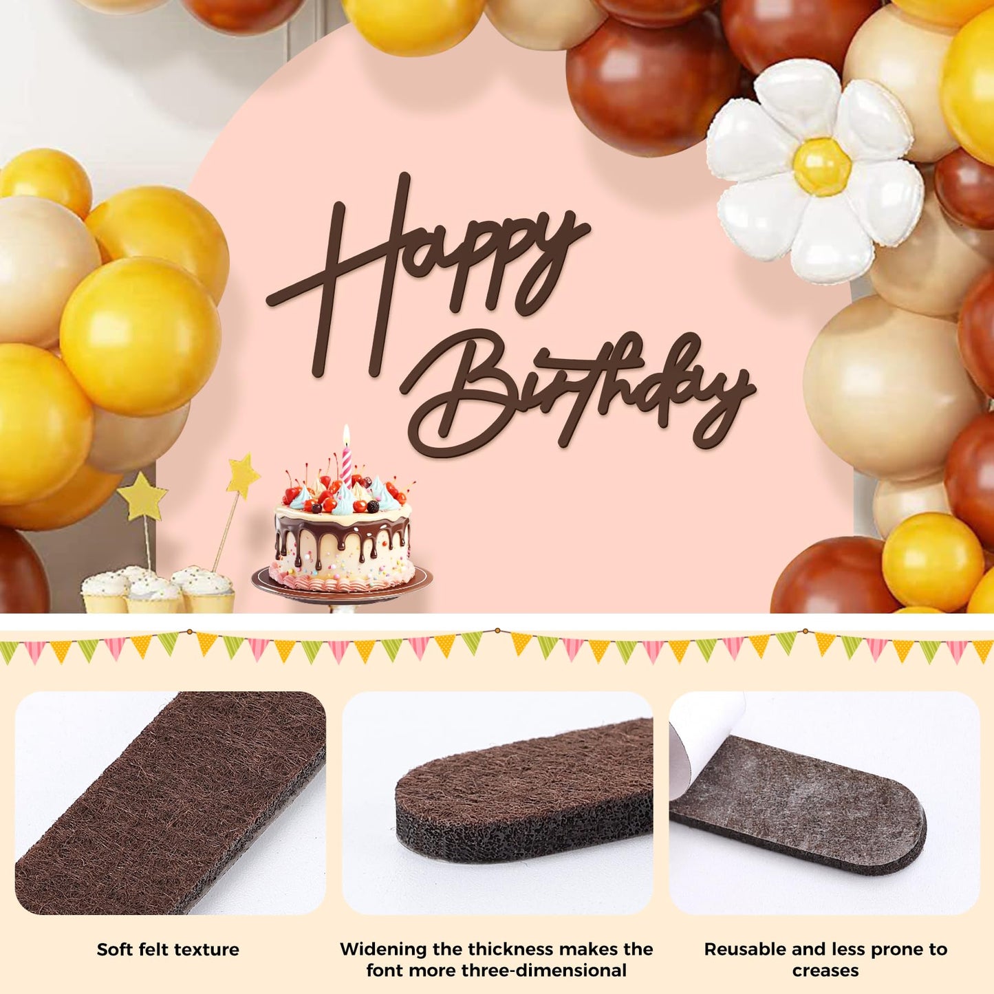 Babenest Brown Felt Happy Birthday Sign – Reusable Backdrop Banner