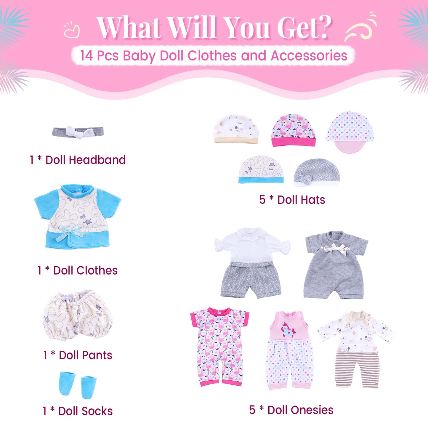 BABESIDE 14-Piece Doll Clothes Set for 12-15 Inch Baby Dolls – Hats, Onesies & More