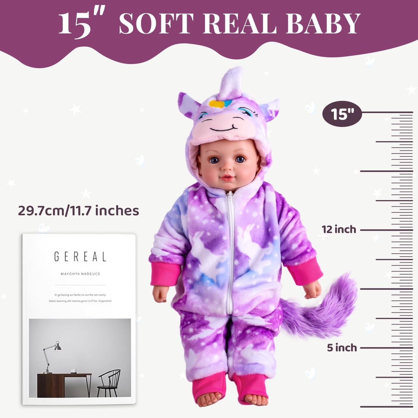 BABESIDE 15-Inch Realistic Baby Doll with Unicorn Outfit – Blue Eyes, Soft Body