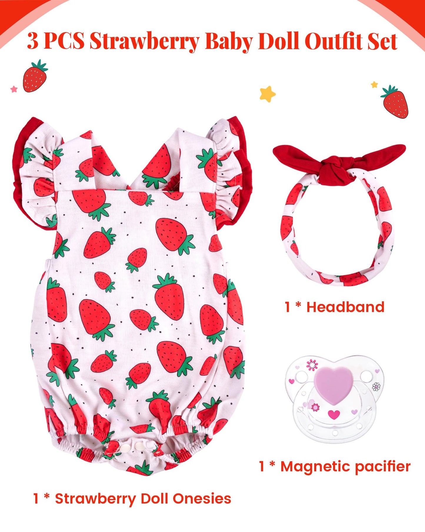 BABESIDE 3Pcs Reborn Doll Clothes for 17-22 Inch Dolls | Strawberry Outfit with Magnetic Pacifier