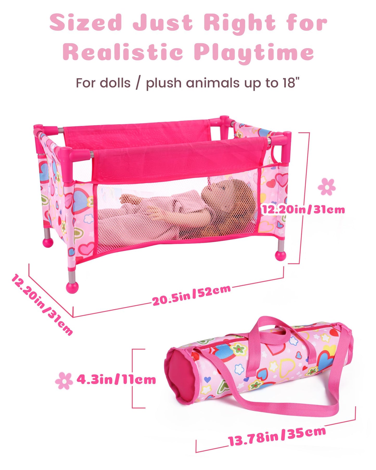 BABESIDE 18-Inch Baby Doll Crib – Portable Pink Playpen with Storage