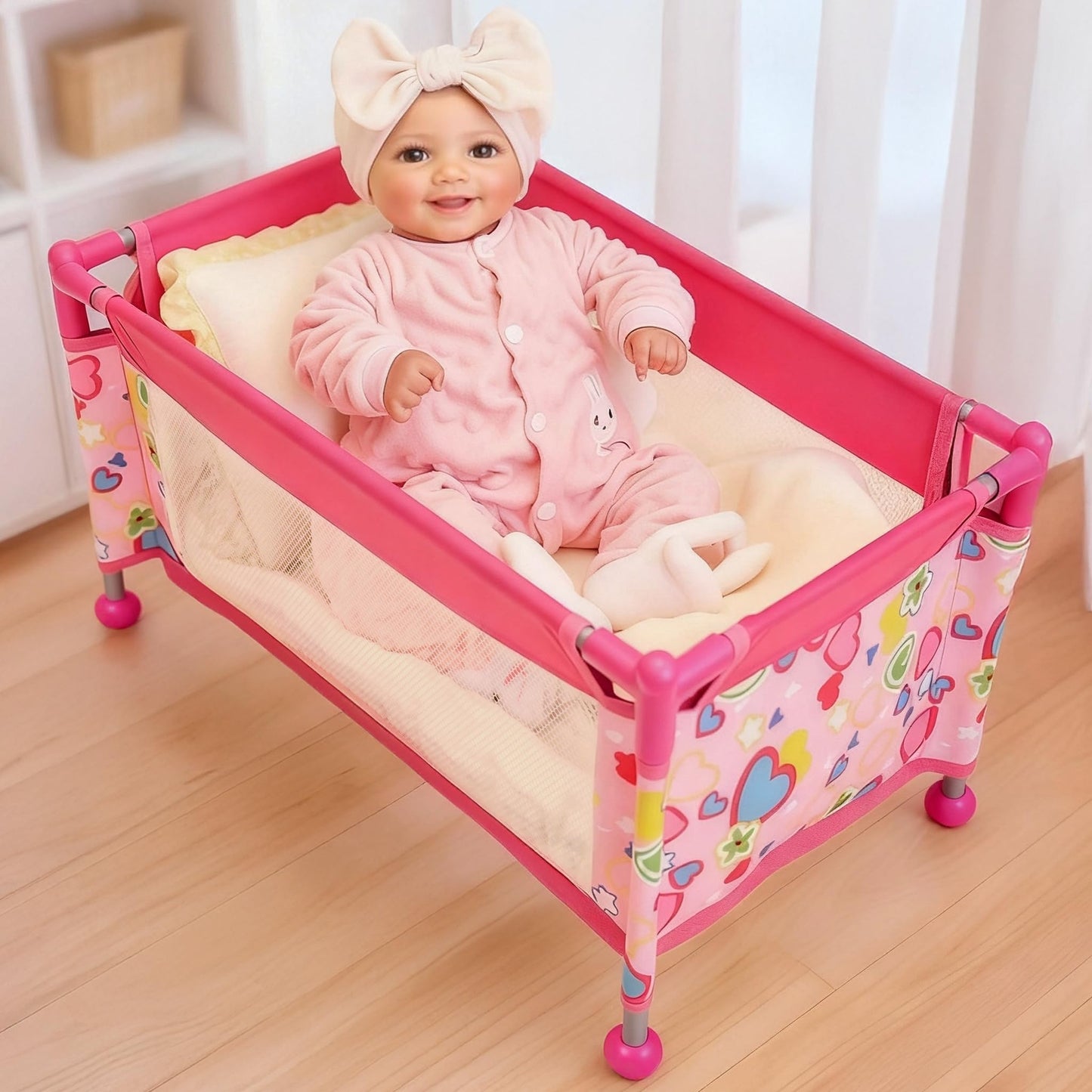 BABESIDE 18-Inch Baby Doll Crib – Portable Pink Playpen with Storage