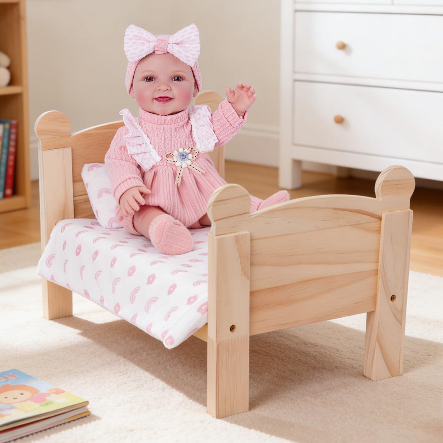 BABESIDE 3 Pcs Baby Doll Crib with Bedding Set — Wooden Doll Bed for 12-16 Inch Dolls
