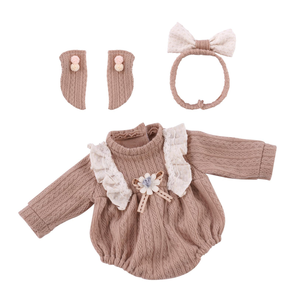 Babeside 3-Piece Doll Clothes Set for 12-16 Inch Dolls | Knitted Romper, Bow Headband & Socks