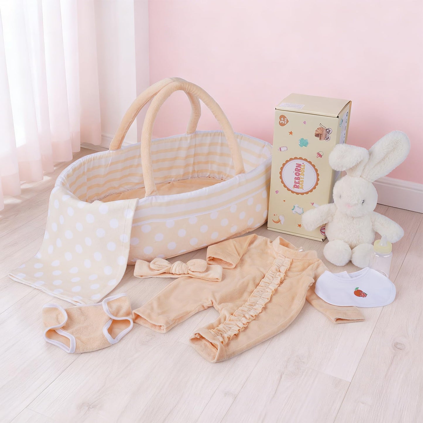 BABESIDE 8 PCS Reborn Doll Clothes Set with Bassinet for 17-22 Inch Dolls