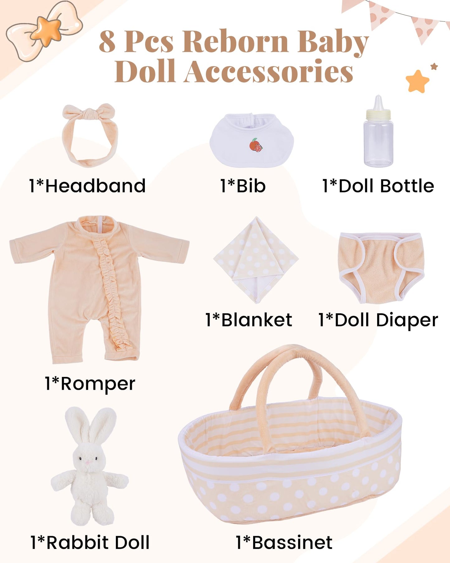BABESIDE 8 PCS Reborn Doll Clothes Set with Bassinet for 17-22 Inch Dolls
